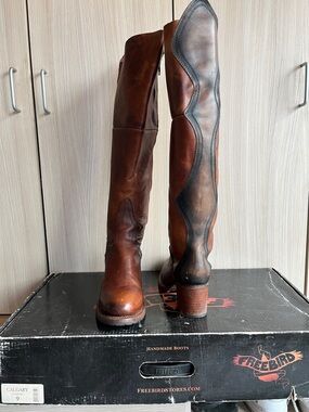 freebird brown and black leather knee-high boots